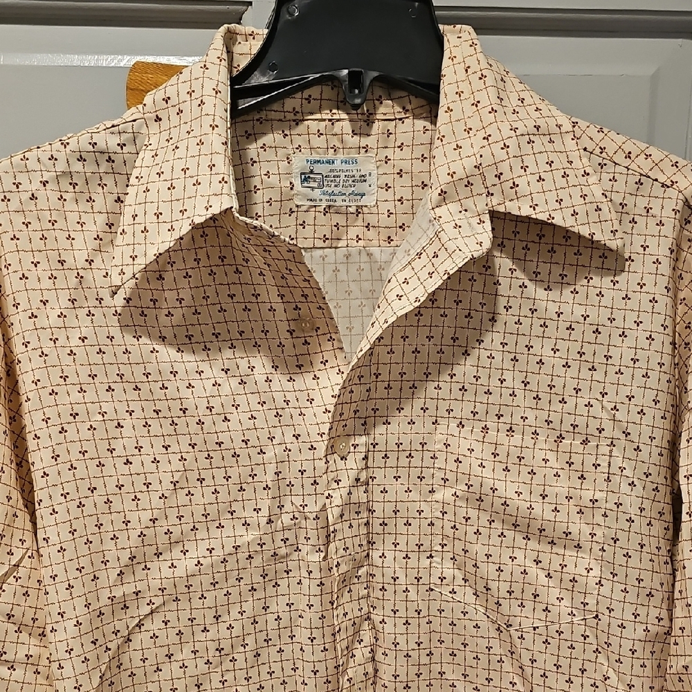 Kmart Men's Cream Patterned Button Down Shirt Permanent Press 80s Retro Vintage